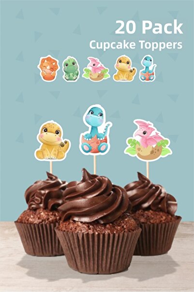 abjad زينة الكب كيك بتصميم ديناصور للأطفال، عبوة من 20 قطعة