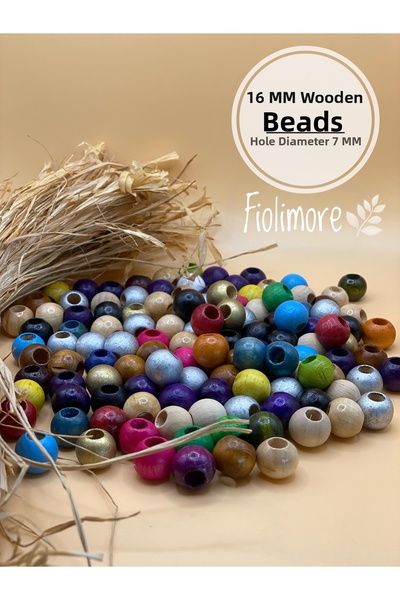 Fiolimore خرز خشبي مختلط الألوان 16 ملم (50 جرام 40 قطعة) قطر الفتحة 7 ملم فت...