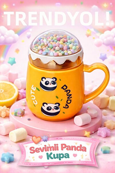 Two Two كوب سيراميك على شكل باندا صفراء - كوب باندا مع غطاء