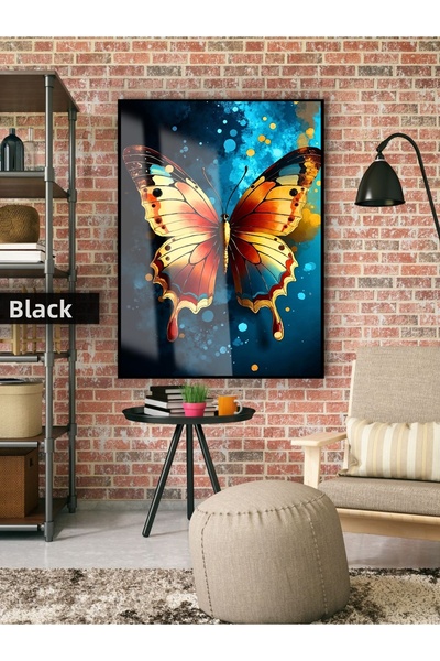 Harika bir ev Hari̇kabi̇rev | Orange-Dark Blue Butterfly Model | Framed Tempe...