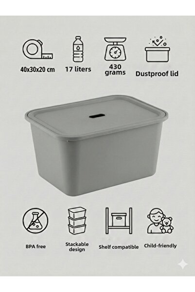 yabilmo Multi-Purpose Gray Storage Box with Lid – Toy and Item Organizer 17 L...