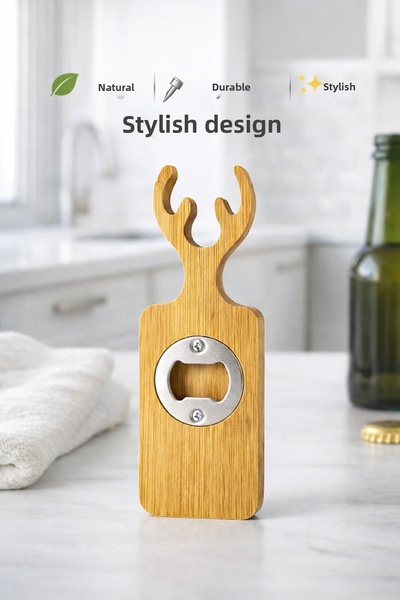 Single Bamboo Magnetic Bottle Opener with Deer Design Premium Opener