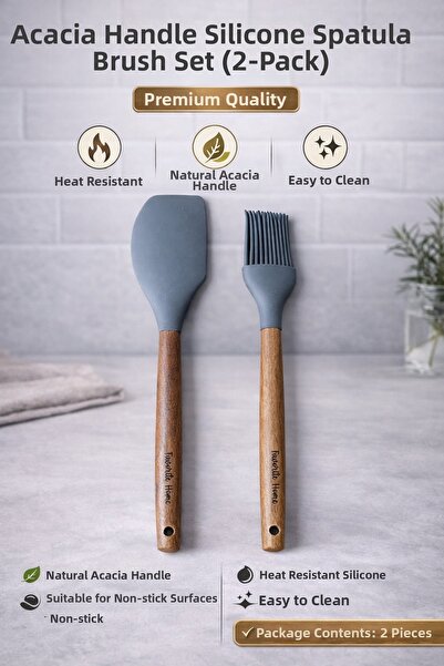 Single Set of 2 Acacia Handle Silicone Brush Set, Heat Resistant, Fireproof, ...