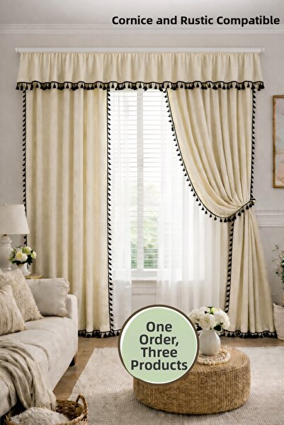 perde plus Комплект завеси с ресни, Farbelalı – комплект от 3 части, съвмести...