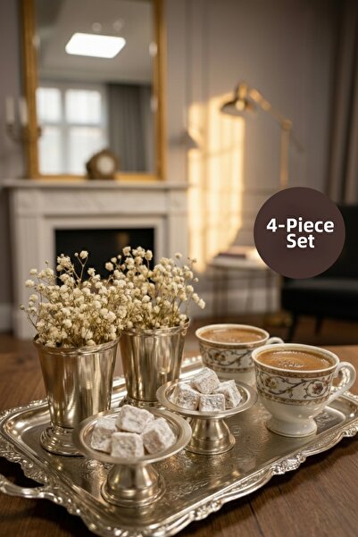 Vienev 4-Piece Silver Color Coffee Side Serving Set - 2X(Lokum Bowl with Stan...