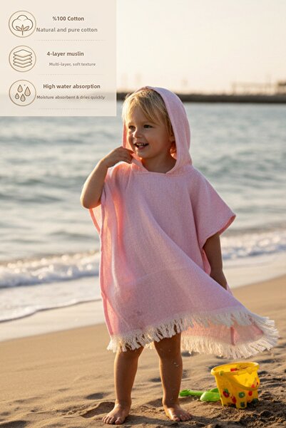 CESSTORE 100% Cotton 4 Layer Muslin Children's Poncho Bathrobe, Hooded, High ...