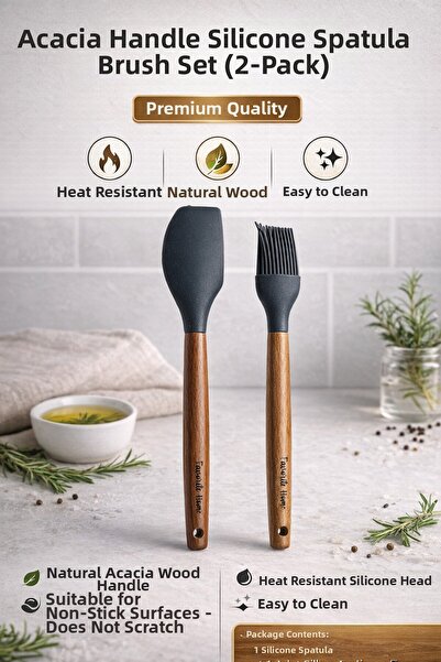Single Set of 2 Acacia Handle Silicone Brush Set, Heat Resistant, Fireproof, ...