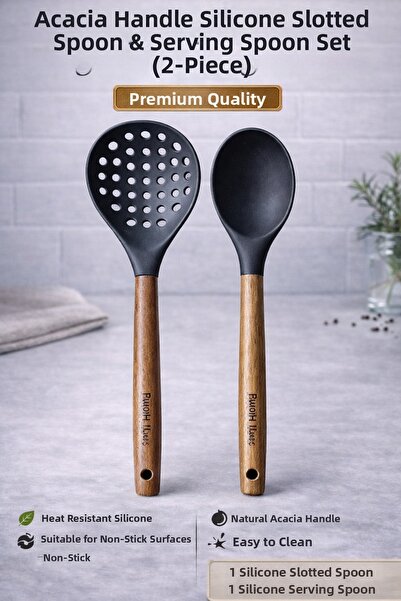 Single Set of 2 Acacia Handle Colander Serving Spoons Set, Heat Resistant, Fi...