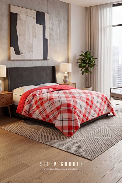 Sleep Garden Bedspread/Blanket Double-Sided Red Checkered Plush Double Size 2...