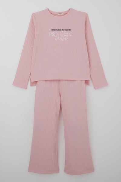 Breeze Girl's Trouser Suit with Letter Embroidery and Bow Detail, Ages 4-8, Pink