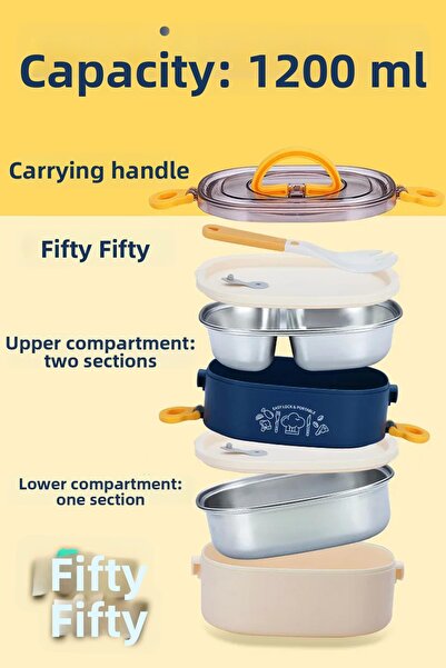 Vagonlife 1200ml Two Layers Three Sections Stainless Steel Lunch Box New Generation Expedition Tas-Spoon