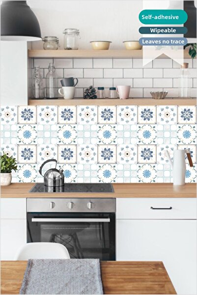 Piksel Grafik Blue Tile Patterned Kitchen Countertop Sticker – Self-Adhesive