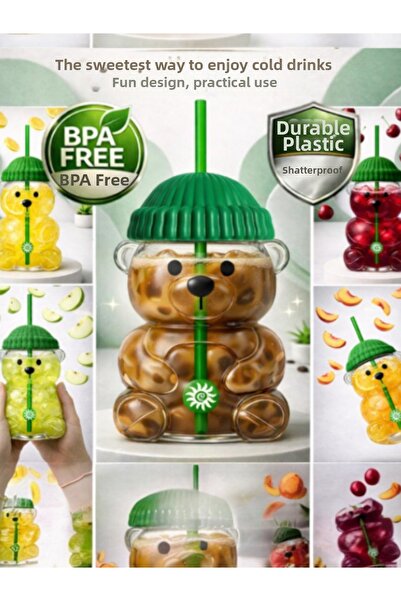 CocoVia Decorative Lid with Straw Teddy Bear Model Hard Plastic Water Bottle ...