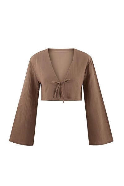 Trendyol Collection Camel Woven Tie-Detail Crop Musselin-Strandhemd aus 100 %...