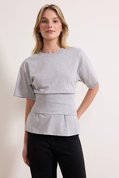Trendyol Collection Grey Melange Fitted/Fitted Low Arm Short Sleeve Tok 100% ...