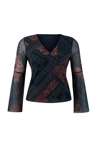 Trendyol Curve Blue Boho Chic Printed V-Neck Spanish Sleeve Tulle Stretchy Kn...