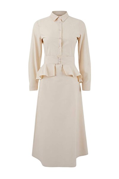 Trendyol Modest Hellgelbes Baumwollkleid mit Schößchen und Gürtel TCTSS26EB00006