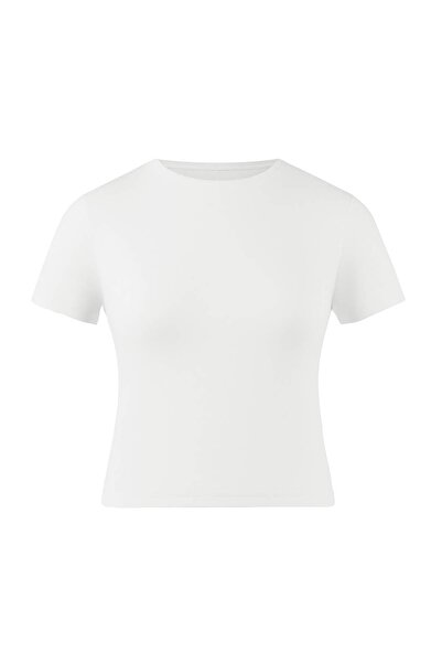 Trendyol Curve White Flexible Fitted Basic Crew Neck Short Length Plus Size T...
