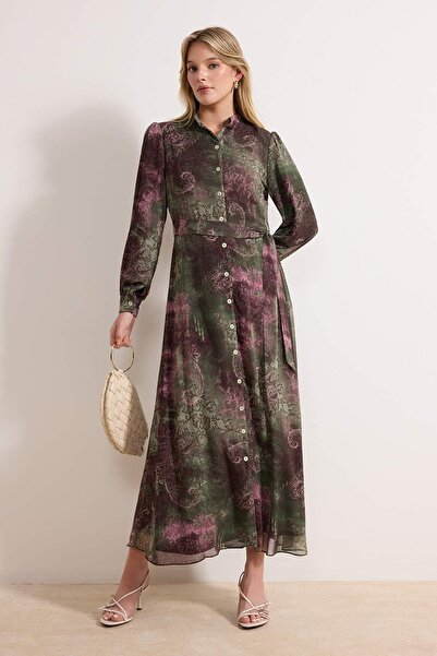 Trendyol Modest Purple Green Shawl Patterned Chiffon Dress Tctss26Eb00029