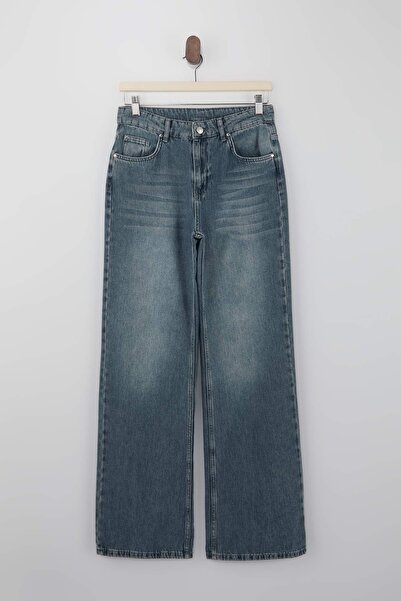 Trendyol Collection Blue Draped High Waist Wide Leg 100% Cotton Jeans Twoss26...