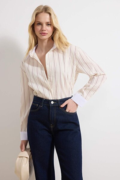 Trendyol Collection White-Multicolor Striped Textured Shirt Twoss26Go00060