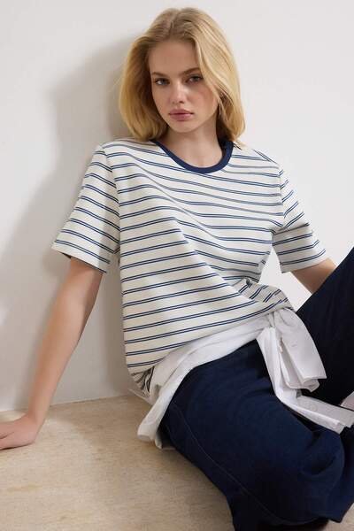 Trendyol Collection Navy Blue Striped Regular Fit Short Sleeve Tok Interlock ...