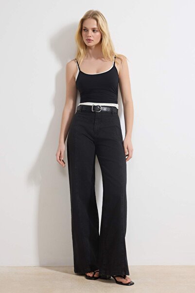 Trendyol Collection Blugi negri cu talie înaltă, cu cusături, extra elastici,...