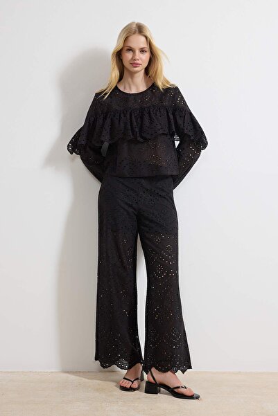 Trendyol Collection Black Brode Lined Straight/Drop-Cut Trousers Twoss26Pl00028
