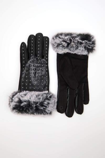 Trendyol Collection Black Faux Fur and Faux Leather Women's Gloves Twoaw26Ed0...