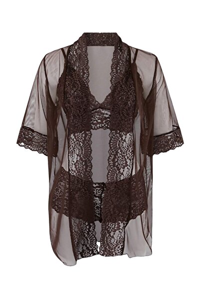 Trendyol Collection Braunes 3-teiliges Set aus Tüll mit Spitzendetails, beute...