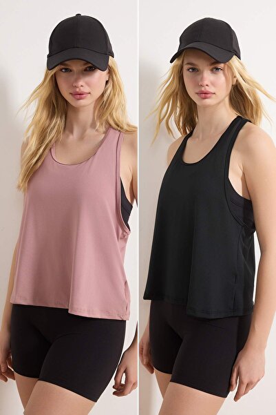 Trendyol Collection Μαύρο-ροζ ξηρό ύφασμα 2 τεμαχίων, πλεκτό αθλητικό μπλουζά...