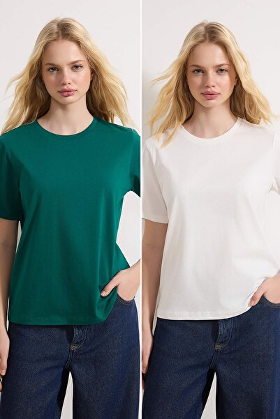 Trendyol Collection Σμαραγδένιο Πράσινο-Εκρού 100% Βαμβακερό Πλεκτό Μπλουζάκι...