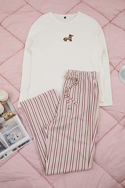 Trendyol Curve Beige Dog Embroidered Striped Knitted Plus Size Pajama Set Tbb...