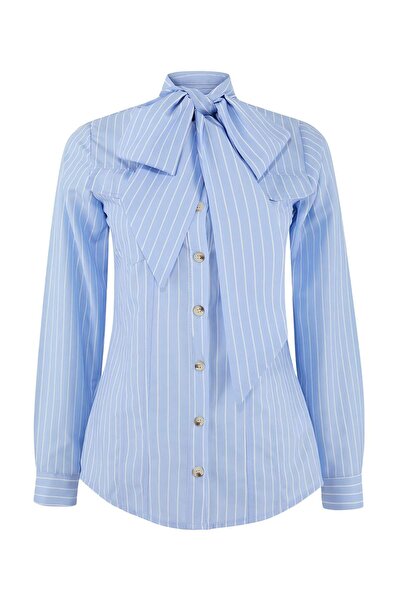 Trendyol Modest Blue Regular Terrycotton Plain Woven Shawl Collar Detailed Hi...