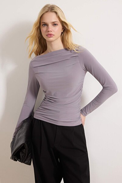 Trendyol Collection Mink Boat Neck Draped Body-Fitting Flexible Knitted Blous...