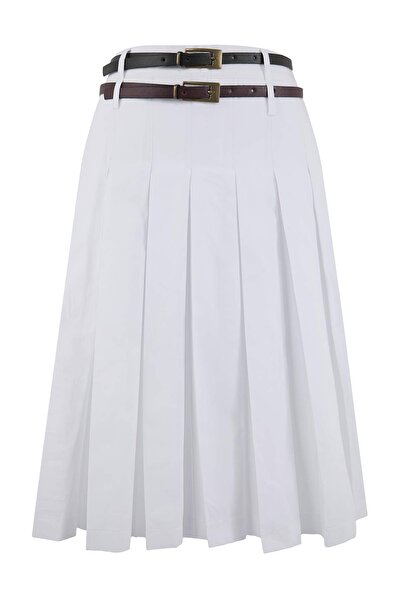 Trendyol Collection White 100% Cotton Lined Belted Pleated Midi Skirt Twoss26...