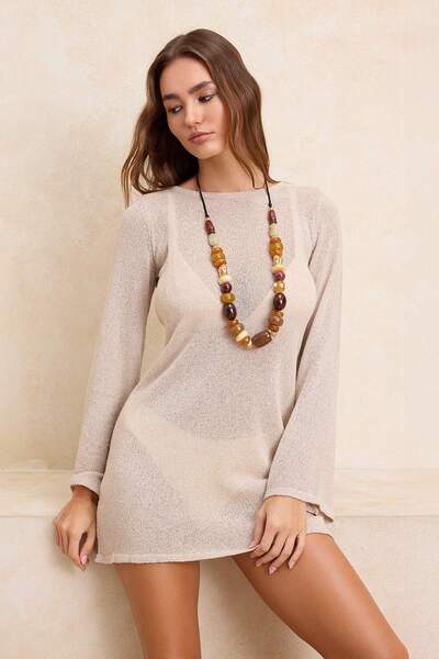 Trendyol Collection Beige Knitwear Back Detailed Super Mini Beach Dress Tbess...