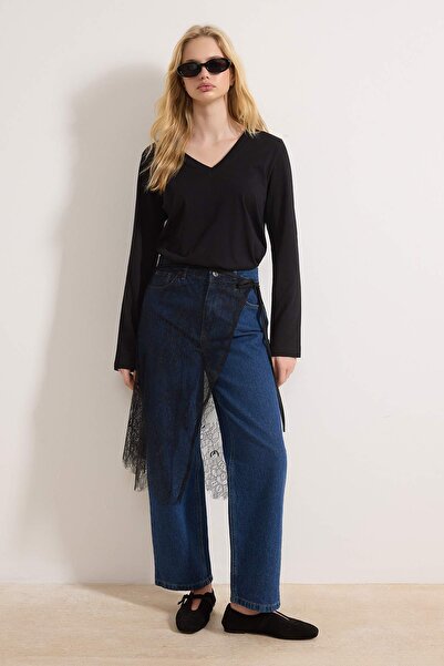 Συλλογή Trendyol Μαύρο 100% βαμβακερό πλεκτό μπλουζάκι με κανονική/κανονική ε...