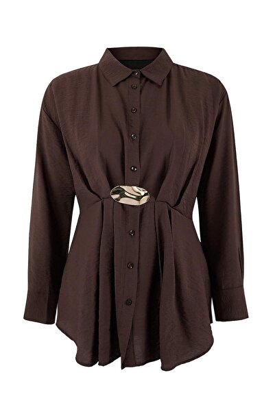 Trendyol Modest Brown Regular Lilyum Plain Woven Buckle Detailed Hijab Shirt ...