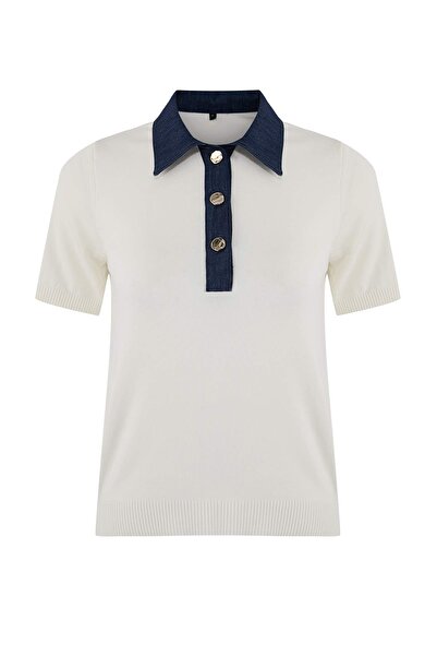 Trendyol Collection Ecru Denim cu secțiuni bloc de culoare Tricotaj cu guler ...