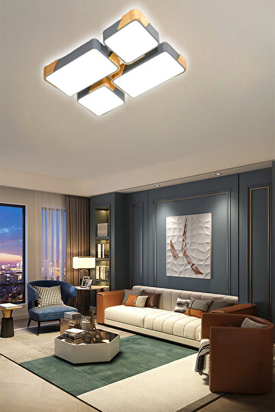 CATLUZ Dikdörtgen Antrasit Kumandalı Dimli 3ışık Renkli 95x65cm Ahşaplı Led T...