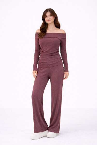 Paw Garage طقم نسائي من قطعتين بلون بورجوندي سيينا شتوي بأكمام طويلة وربطة جا...