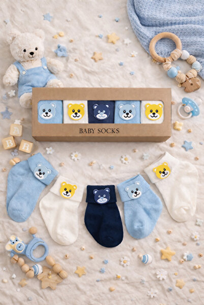 baby socks 5 Çift Kutulu Ayıcık Aksesuarlı Erkek Bebek Çorabı 0-6 Ay