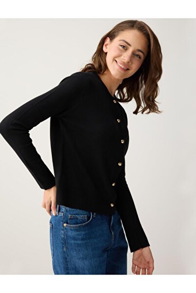 Jimmy Key Siyah Parlak Düğme Detaylı Yuvarlak Yaka Triko Hırka