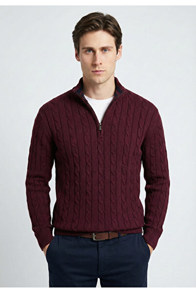 Felix Hardy سترة رجالية محبوكة بنصف سحاب وبنقشة - أحمر داكن