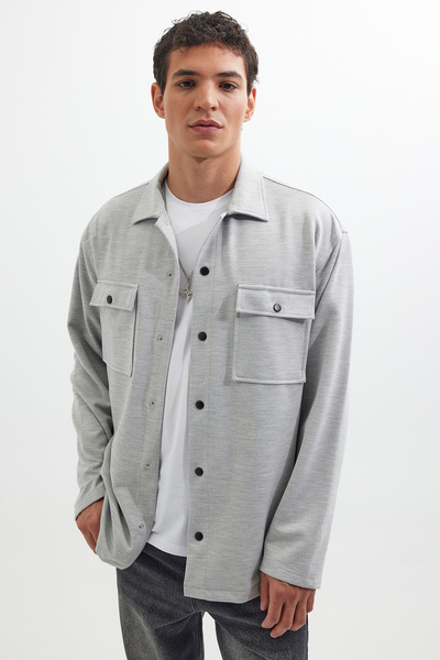 Tudors Erkek Relax Fit Rahat Kesim Çift Cepli Örme Gri Apaş Yaka Gömlek