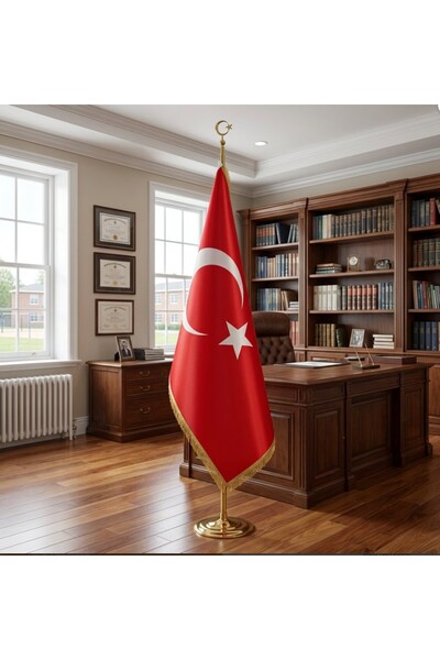 İSTEDİSPLAY Makam Bayrağı, Türk Bayrağı, Sarı Simli, Sarı Direkli 100x150