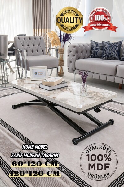 SEHPAM AKILLI Akıllı Sehpa Home Üst Tabla Mdf Beyaz Mermer Oval Köşe Alt Meka...