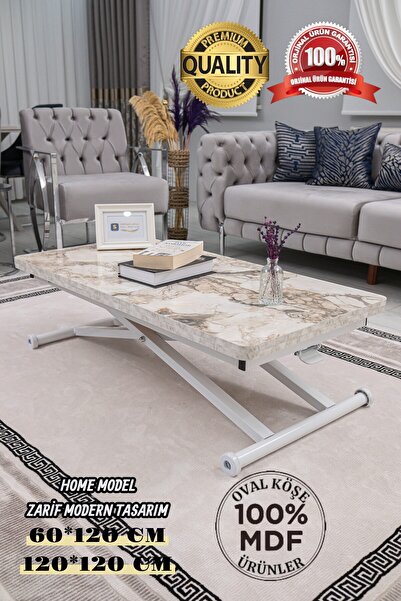 SEHPAM AKILLI Akıllı Sehpa Home Üst Tabla Mdf  Beyaz Mermer Desen Oval Köşe A...