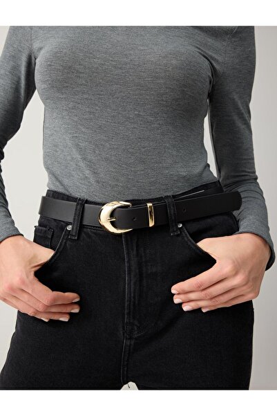 Jimmy Key Leather-Look Belt with Black Shiny Oval Buckle